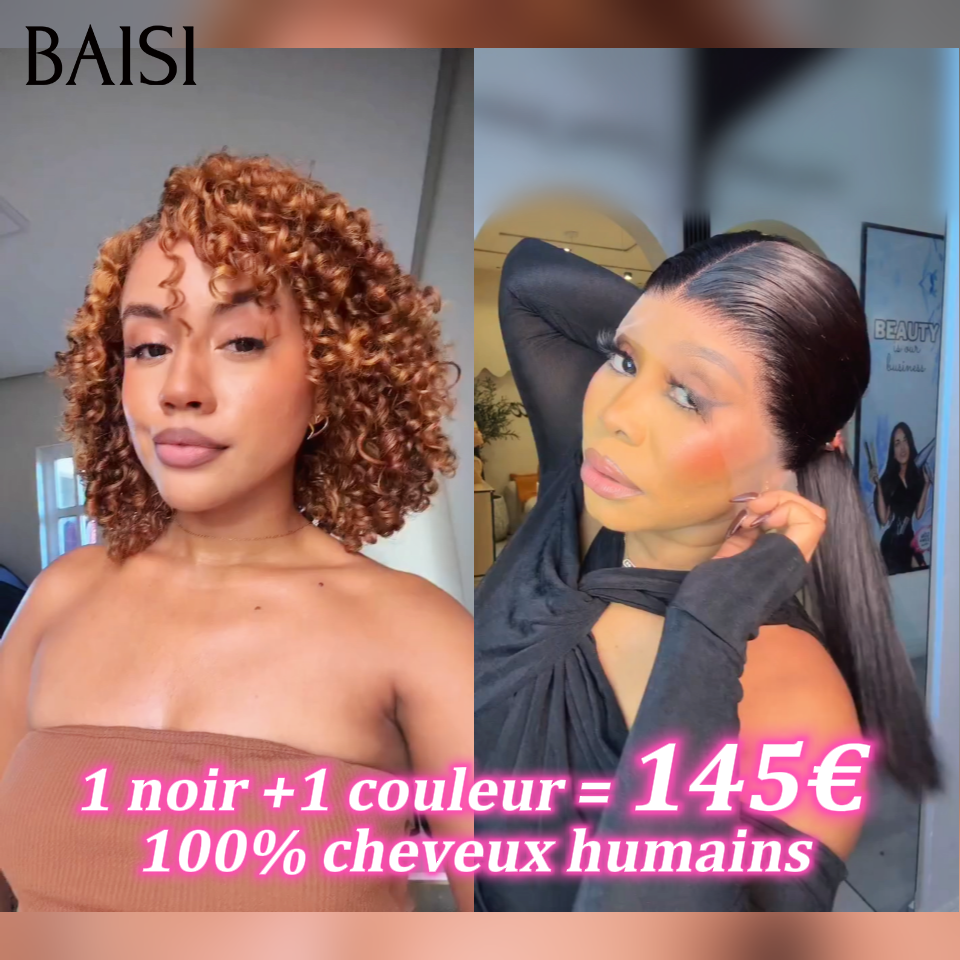 BAISI vente flash 1 noir +1 couleur = 145€ Lisse et curly wave Moitié Prix 100% cheveux humains MP50