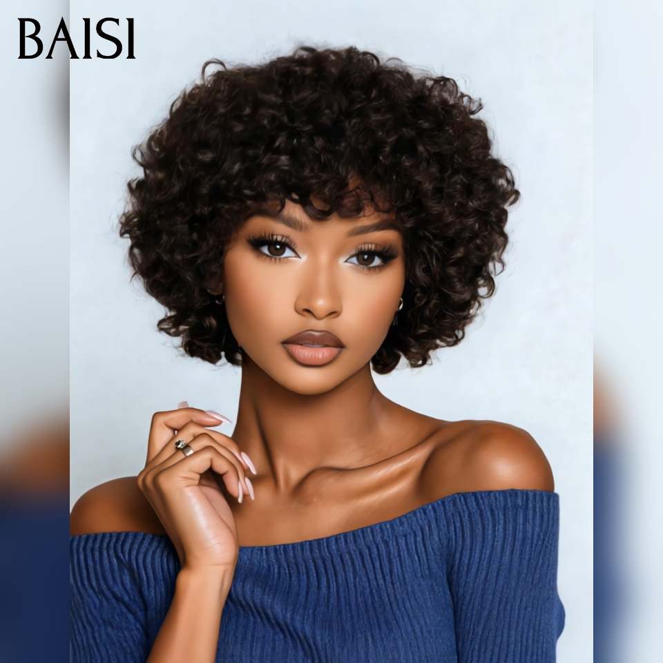 BAISI Perruque pixie Facile à porter curly wave sans Colle Fabriqué à la Machine NOIR Moitié Prix 69€ en 100% Cheveux Humains