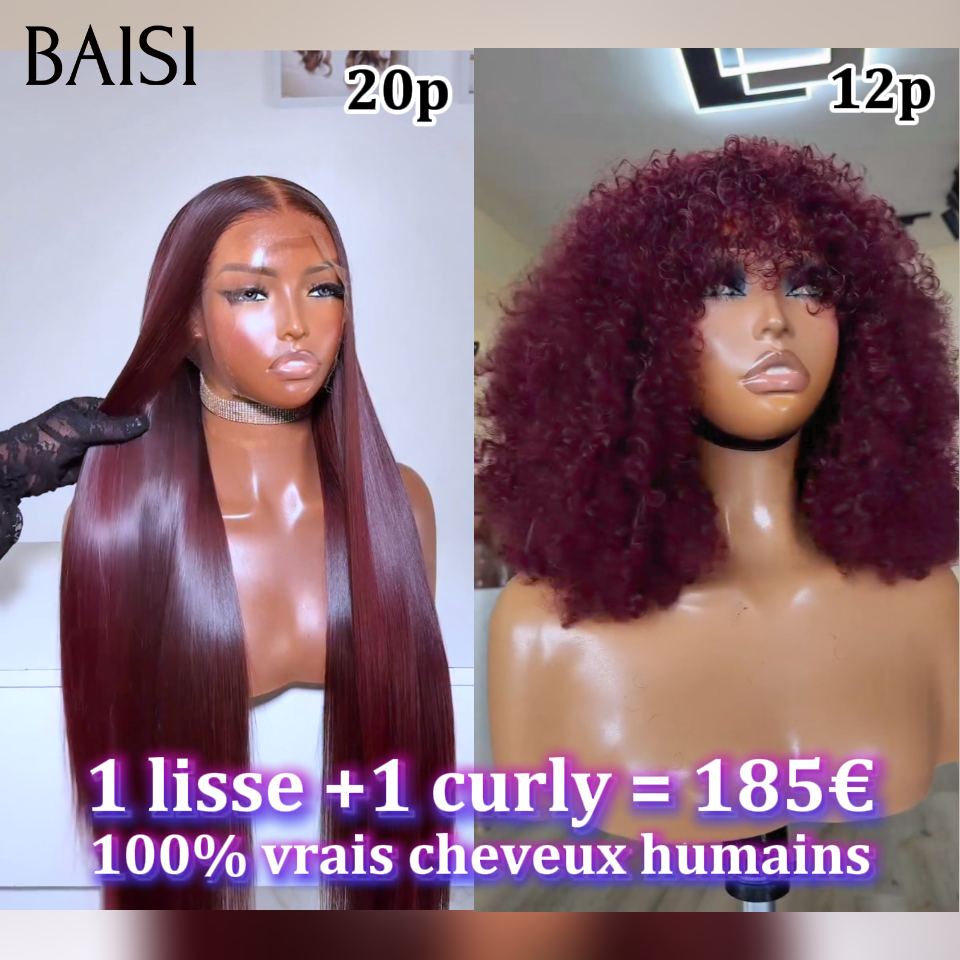 BAISI 1 lisse +1 curly = 185€ 13x4 lace frontal Lisse 20 Pouces Bordeaux 99J# et sans Colle curly wave 12 Pouces Facile à Revendre PROMO 100% Cheveux Humains