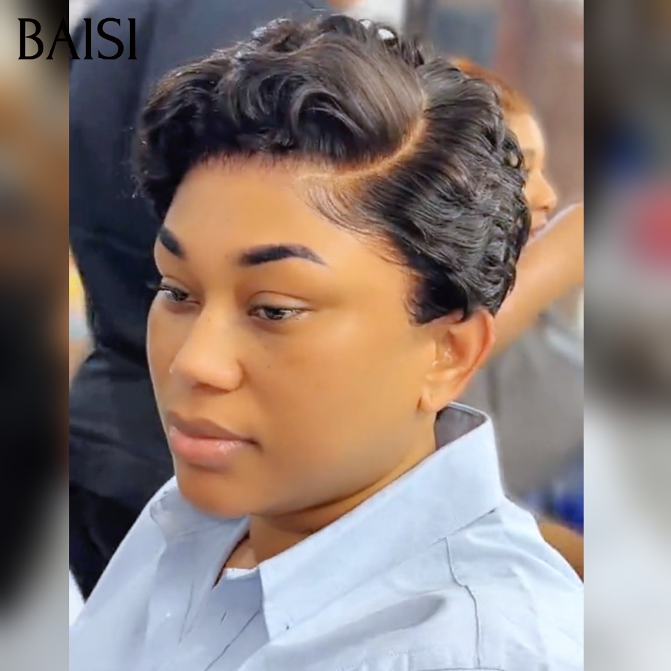 BAISI Wear Perruque Prêt-à-porter 59€ pixie de la couronne Promotion en naturelle couleur en 100% Cheveux Humains