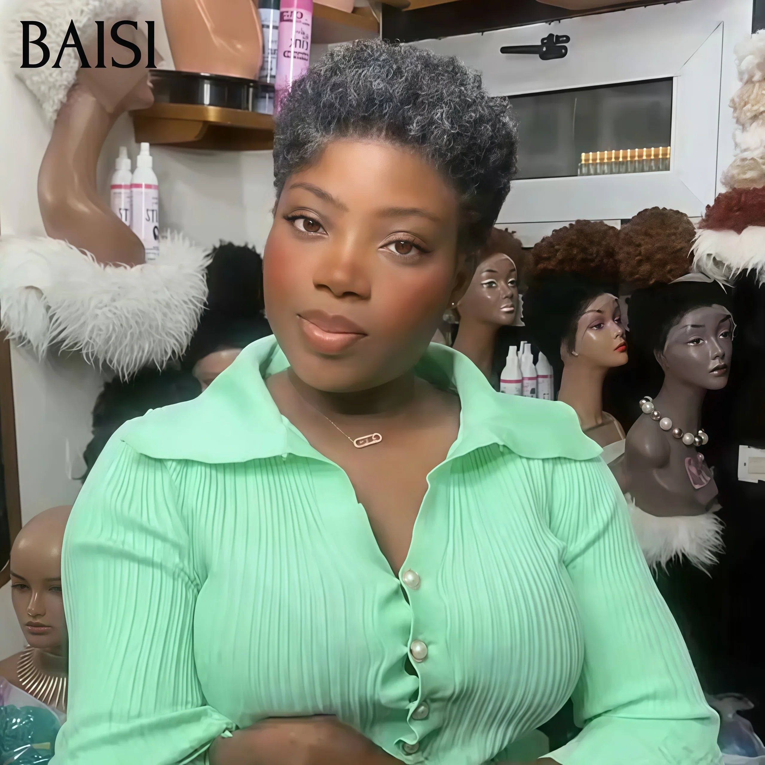 BAISI Collection Perruques Poivre et Sel pixie 66€ afro curly Gris sophistiqué sans Colle Fabriqué à la Machine en 100% Cheveux Humains