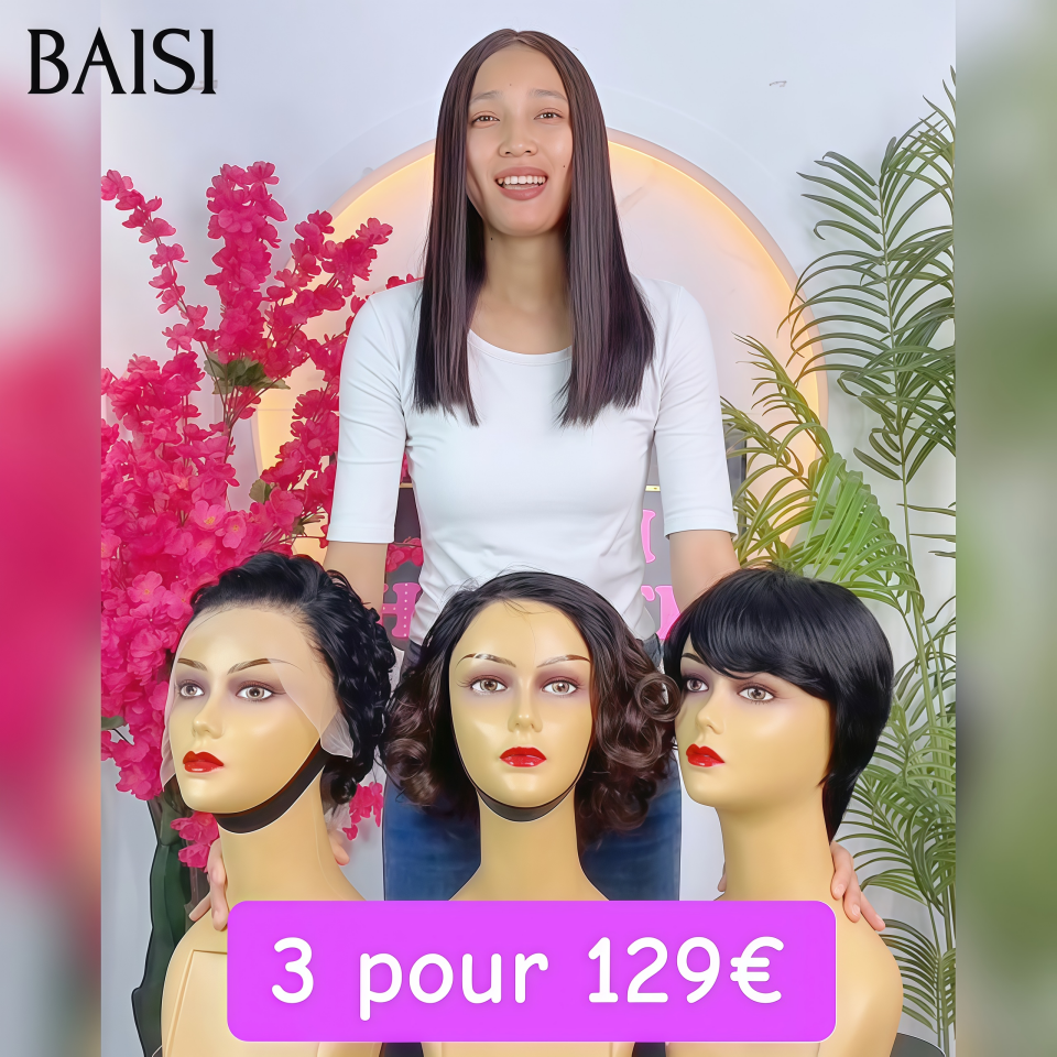 BAISI 3 perruques 129€ aujourd'hui 13x4 curly wave pixie et 5x5 lace egg wave et Sans Colle pixie ou PROMO Moitié Prix 49€ Perruque T Part Lace Pixie En Couleur Marron 4# en 100% Cheveux Humains MP50