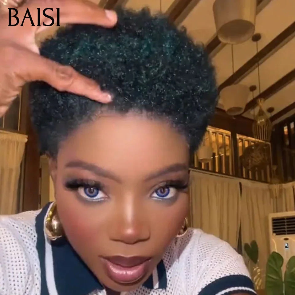 BAISI Pixie Afro Curl Wig 13x4 lace frontal curly all over Black in 100% human hair F-905