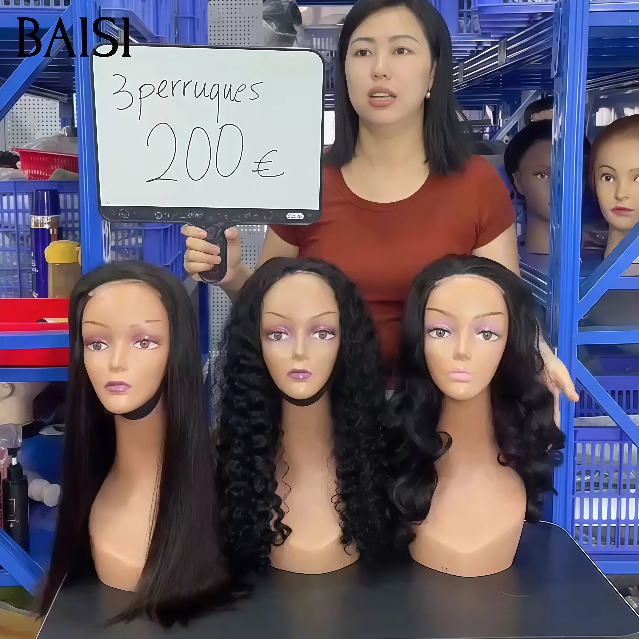 BAISI Lot de 3 perruques Flash Offer PROMOTION 200€ 4X4 lace closure 18 Pouces curly wave et body wave et lisse NOIR en 100% vrais cheveux humains FR40