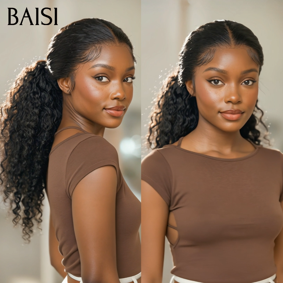 BAISI Perruque Coiffée 13x4 lace frontale en chignon bun NOIR curly wave en 100% vrais cheveux humains