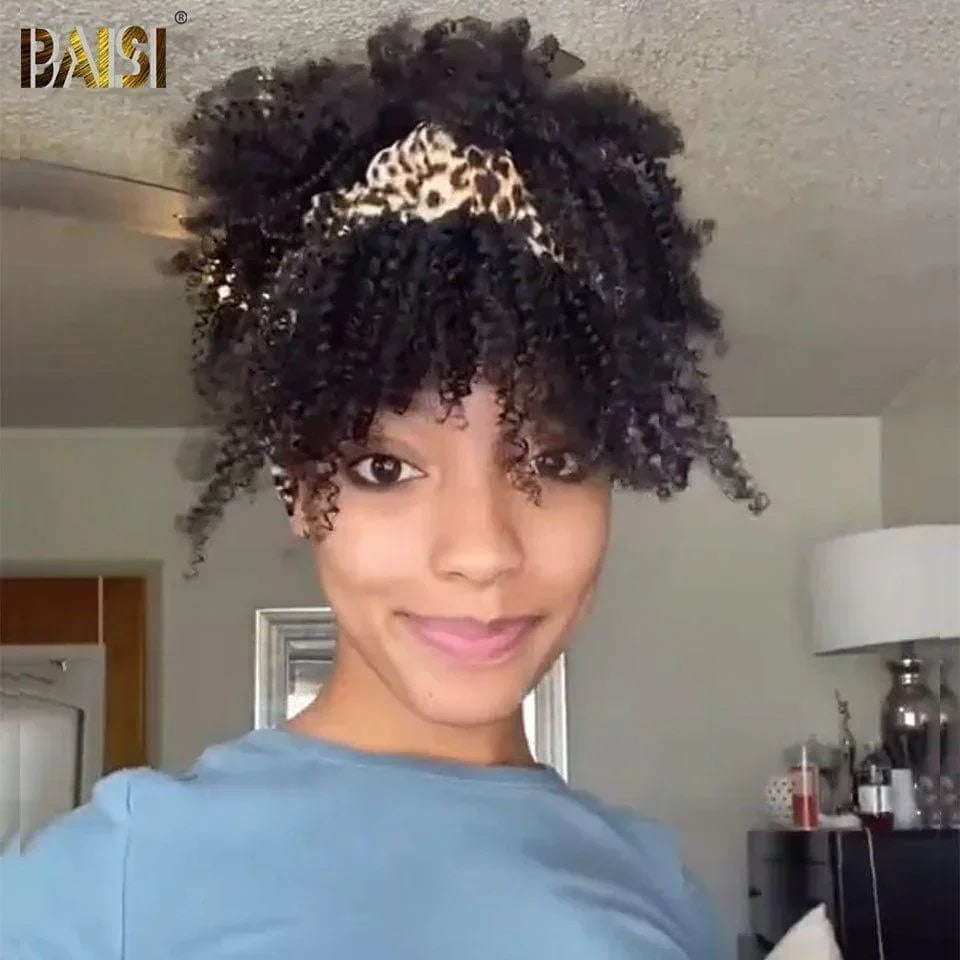 BAISI Perruque BOB kinky curly sans lace sans colle avec bandeau à la mode synthetic hair en Couleur noir Code : BS120