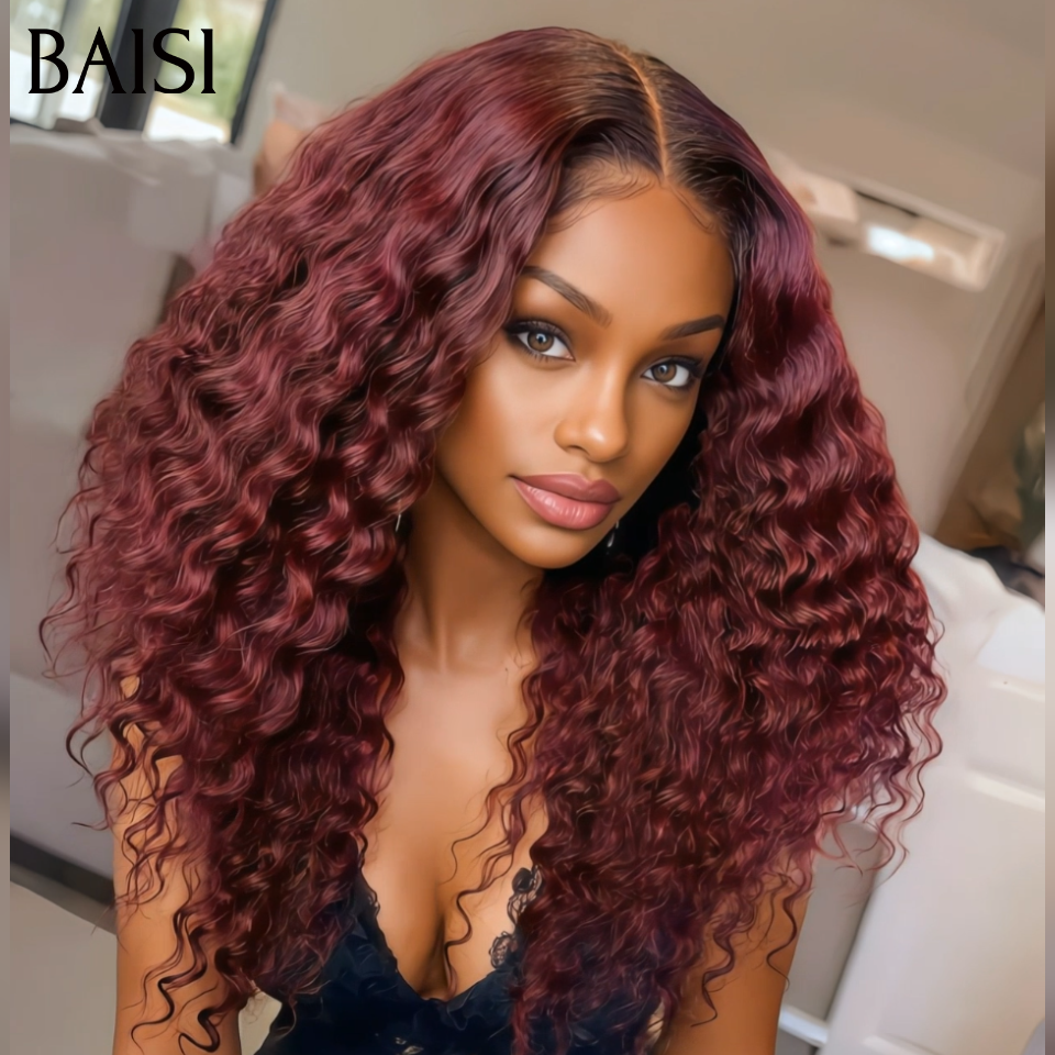 BAISI 1 Bordeau 22P 130€ deep wave et 4 perruques Bordeau noir miel mixte Lot 398€ prix promotion Lace frontal 13*4 Raw Hair 4 couleurs en 100% Cheveux Humains