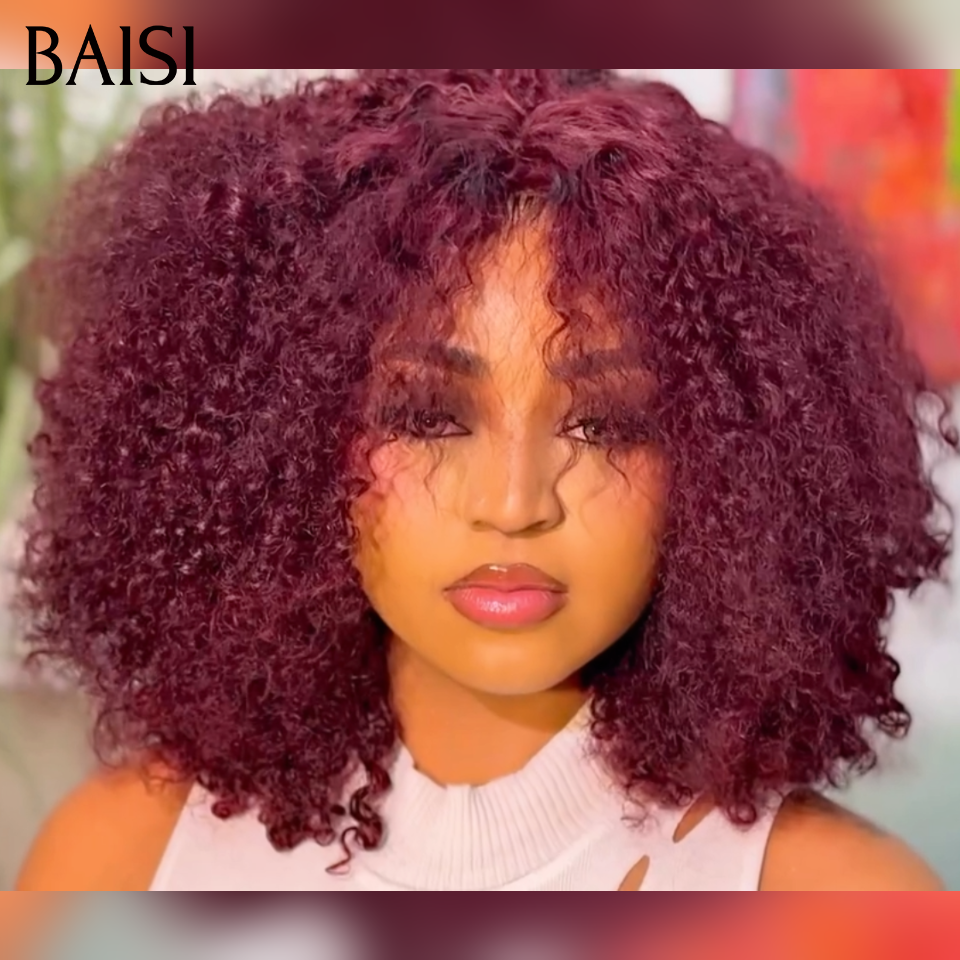 BAISI Perruque curly avec Frange 12 Pouces 85€ couleur 99J# bordeaux sans Colle ou 20 pouces densité 300% 249€ 13x4 lace en 100% Cheveux Humain Hair