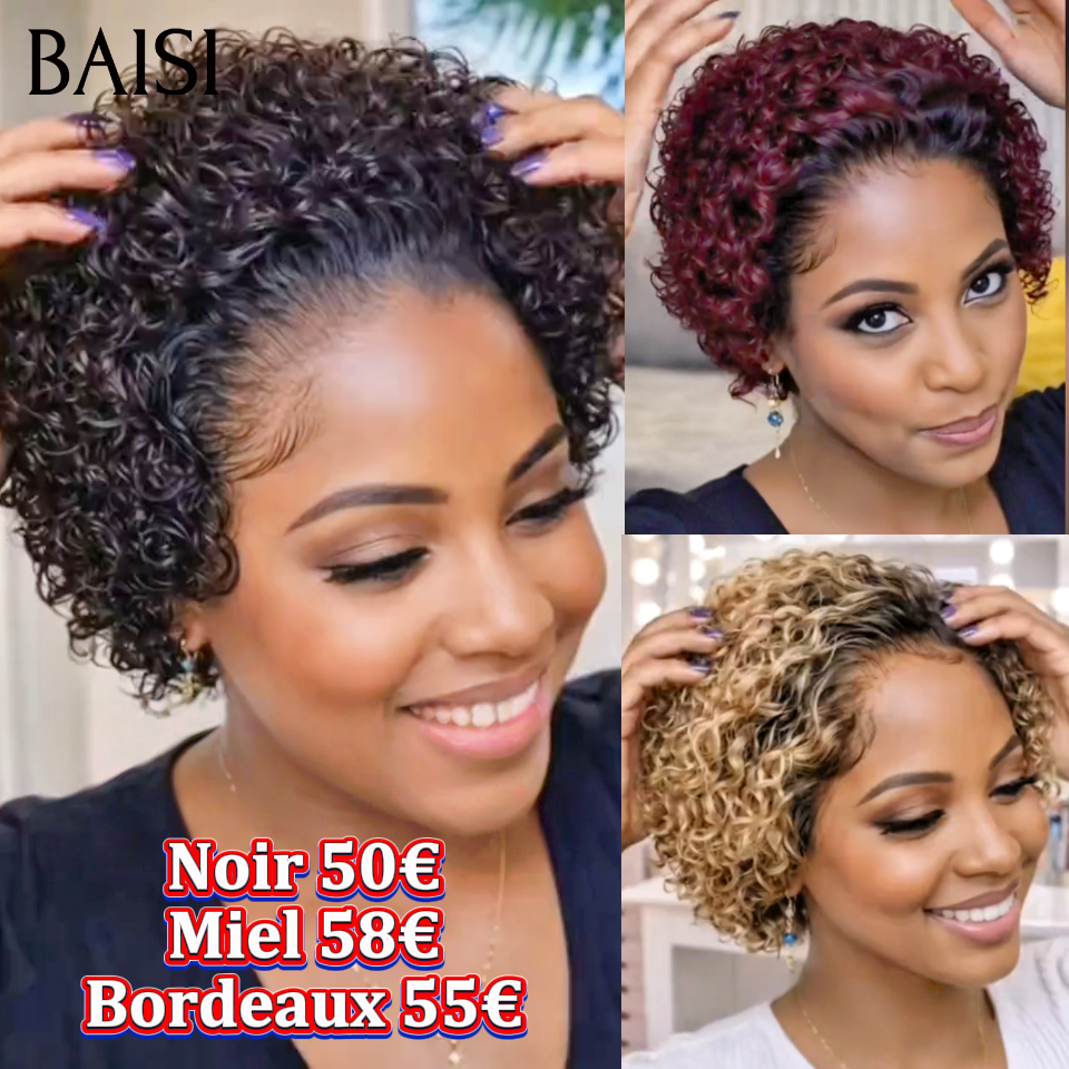 BAISI Perruque pixie 6 pouce avec lace frontale 13*4 Noir 50€ ou Miel 58€ ou Bordeaux 55€ 100% cheveux humains 100% identique à la photo