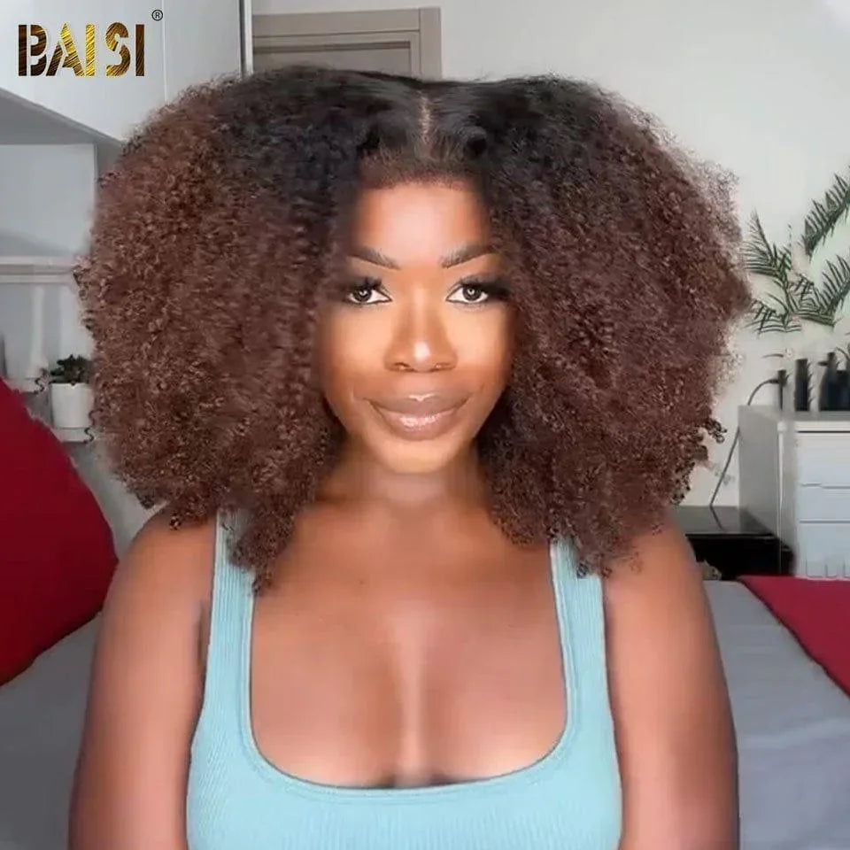 BAISI perruque Afro Curly Wave 18 pouces 1BT4# en haut de gamme avec les Baby Hair naturel sans lace sans colle 100% Vietnam Hair 300% densité plus de 20 ans d' utilisations BS120
