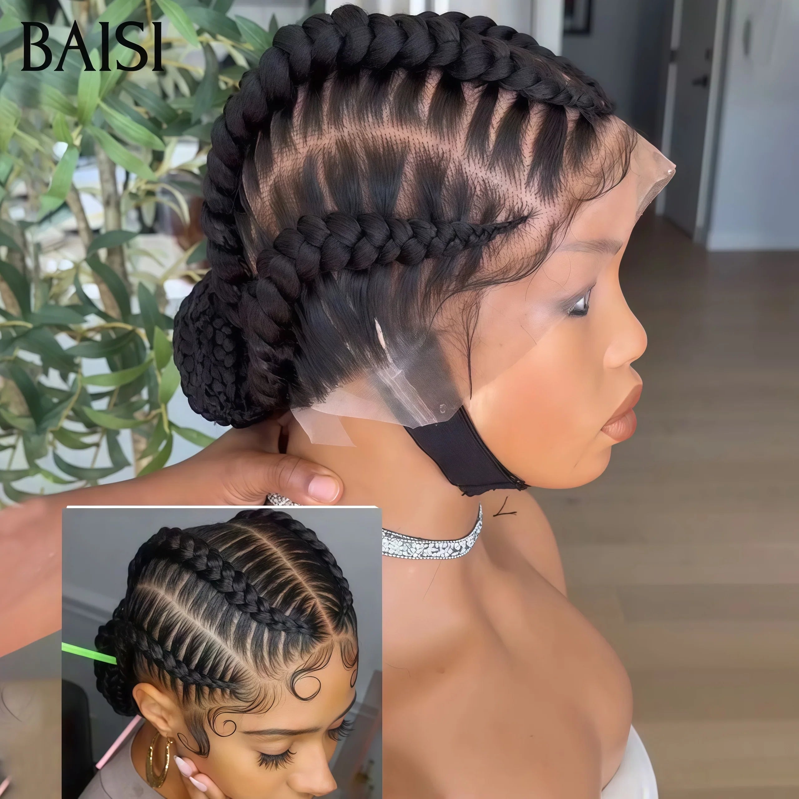 BAISI Perruques Full Lace Natte Promo 139€ avec Tresses 100% comme indiqué sur la photo NOIR En cheveux humains