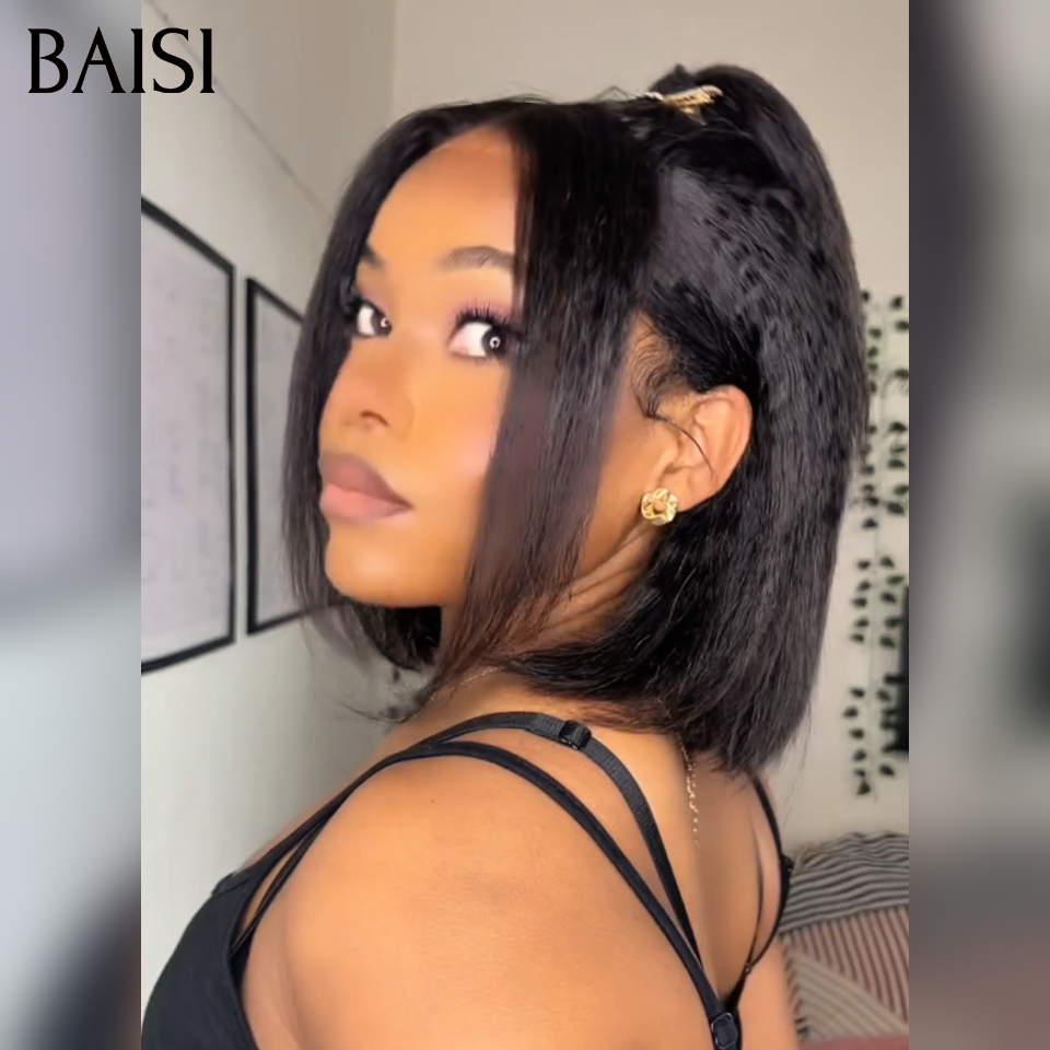 BAISI PROMO 88€ en chignon bun 13X4 lace frontal Perruques kinky straight Sans Colle Lace déjà couper NOIR 10 pouce ou 20 pouces 129€ en 100% vrais cheveux humains