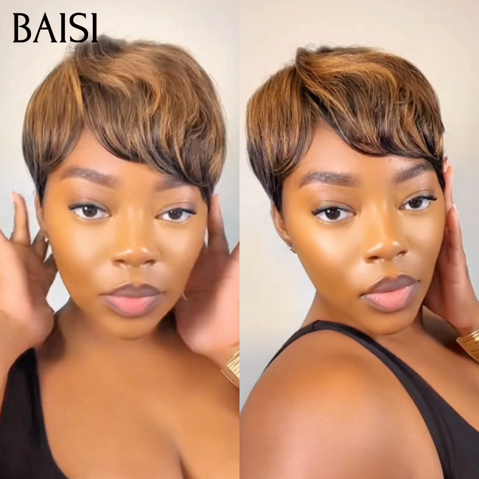 BAISI Perruque Fabriqué à la Machine Pré-plucked Pas Besoin de Colle Pixie PROMO 45€ en 100% vrais cheveux humains