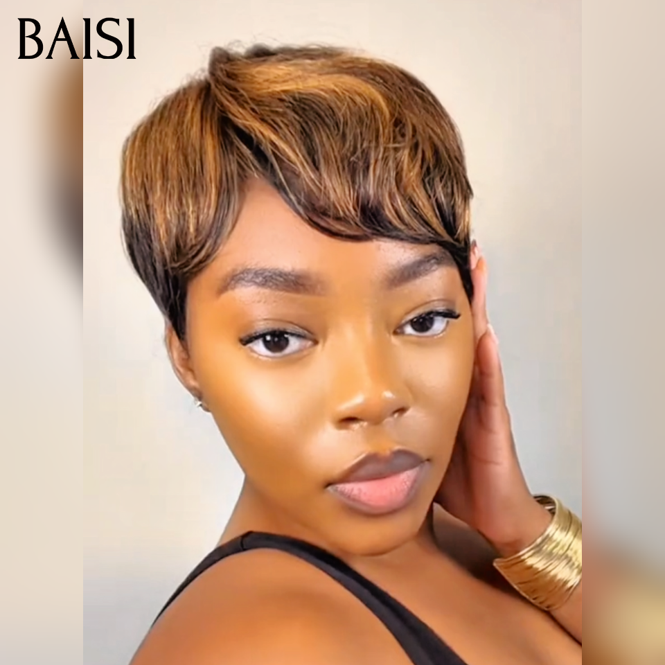 BAISI Perruque Fabriqué à la Machine Pré-plucked Pas Besoin de Colle Pixie PROMO 45€ en 100% vrais cheveux humains