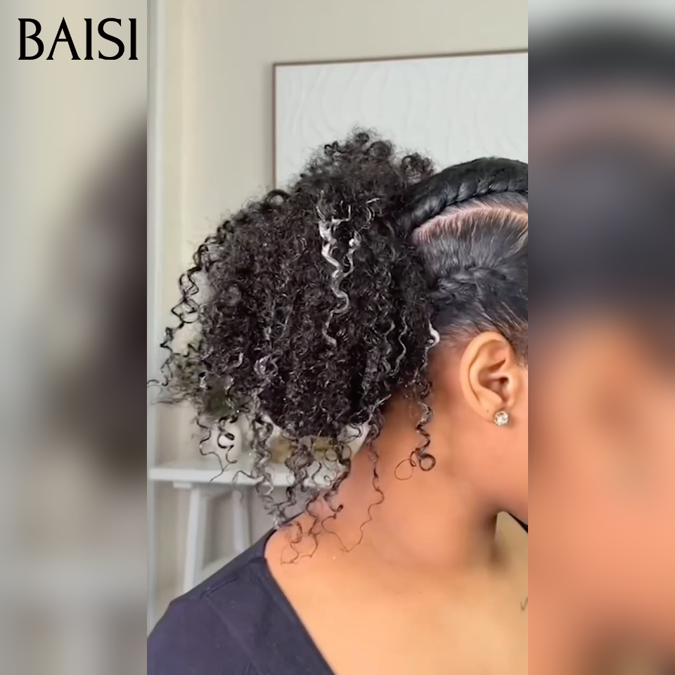 BAISI demi-perruque Prêt-à-porter extension chignon ponytail 16 Pouces 169€ En Couleur Noir kinky curly CURLY en 100% cheveux humains