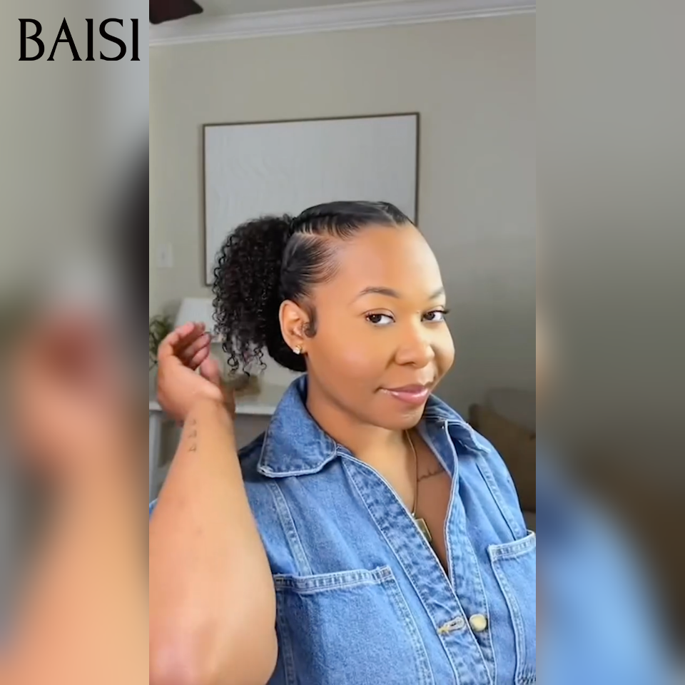 BAISI demi-perruque Prêt-à-porter extension chignon ponytail 16 Pouces 169€ En Couleur Noir kinky curly CURLY en 100% cheveux humains