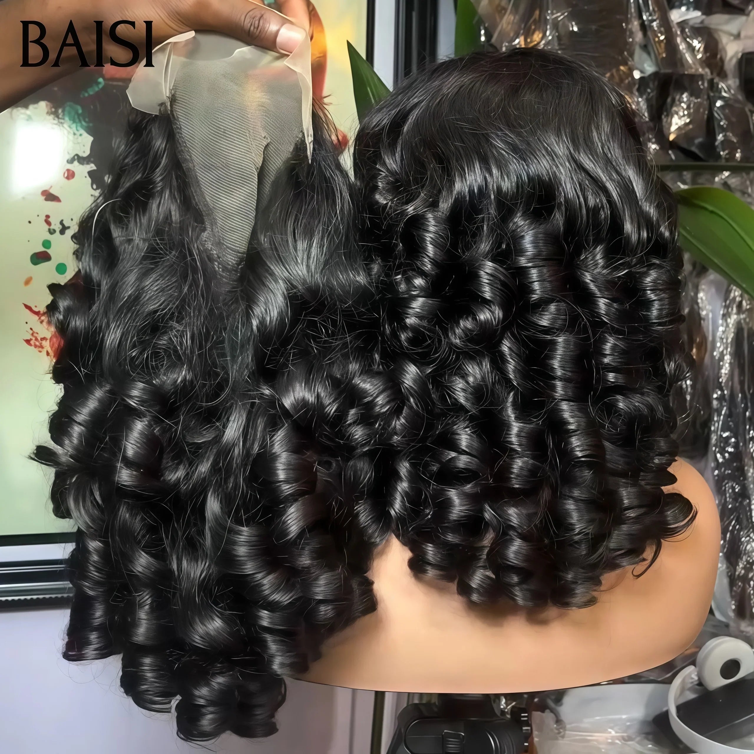 BAISI Perruque 5x5 lace closure Bouclée loose Wave en Couleurs NOIR en 100% Cheveux Humains