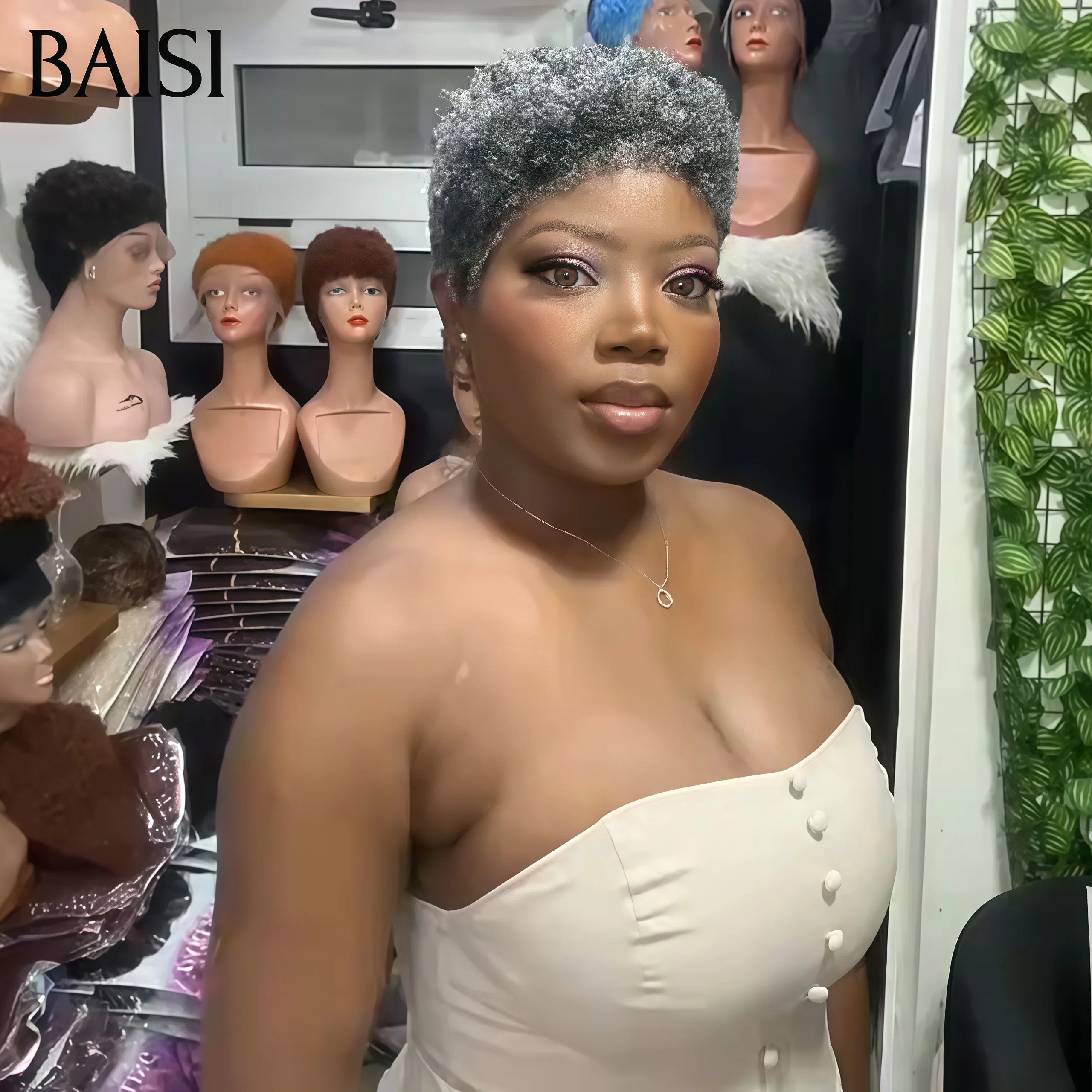 BAISI Perruque Collection Poivre et Sel Perruque Pixie Afro Curl 66€ sans Colle en couleur gris ou pixie avec 13X4 lace Frontale 98€ en 100% cheveux humains