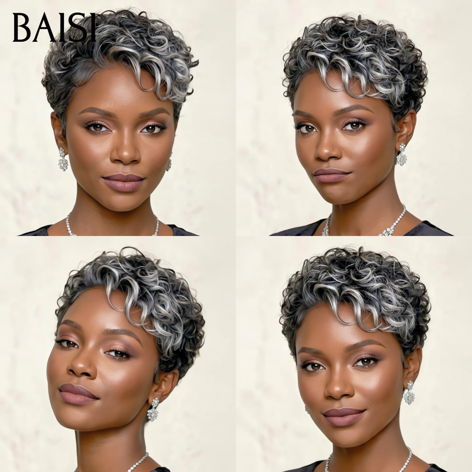 BAISI Usine de Perruques PROMO Chioma Pixie Gris rien que 79€ sans Colle Fabriqué à la machine facile à porter en 100% vrais cheveux humains