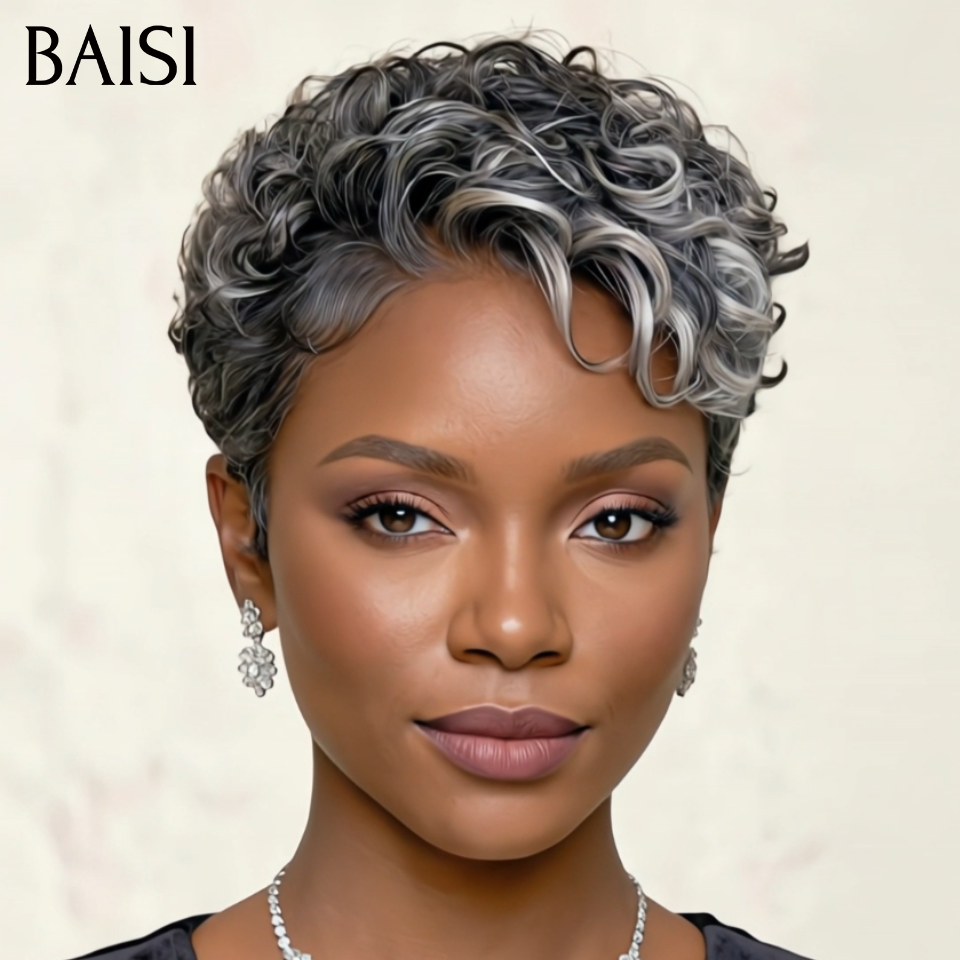 BAISI Usine de Perruques PROMO Chioma Pixie Gris rien que 79€ sans Colle Fabriqué à la machine facile à porter en 100% vrais cheveux humains