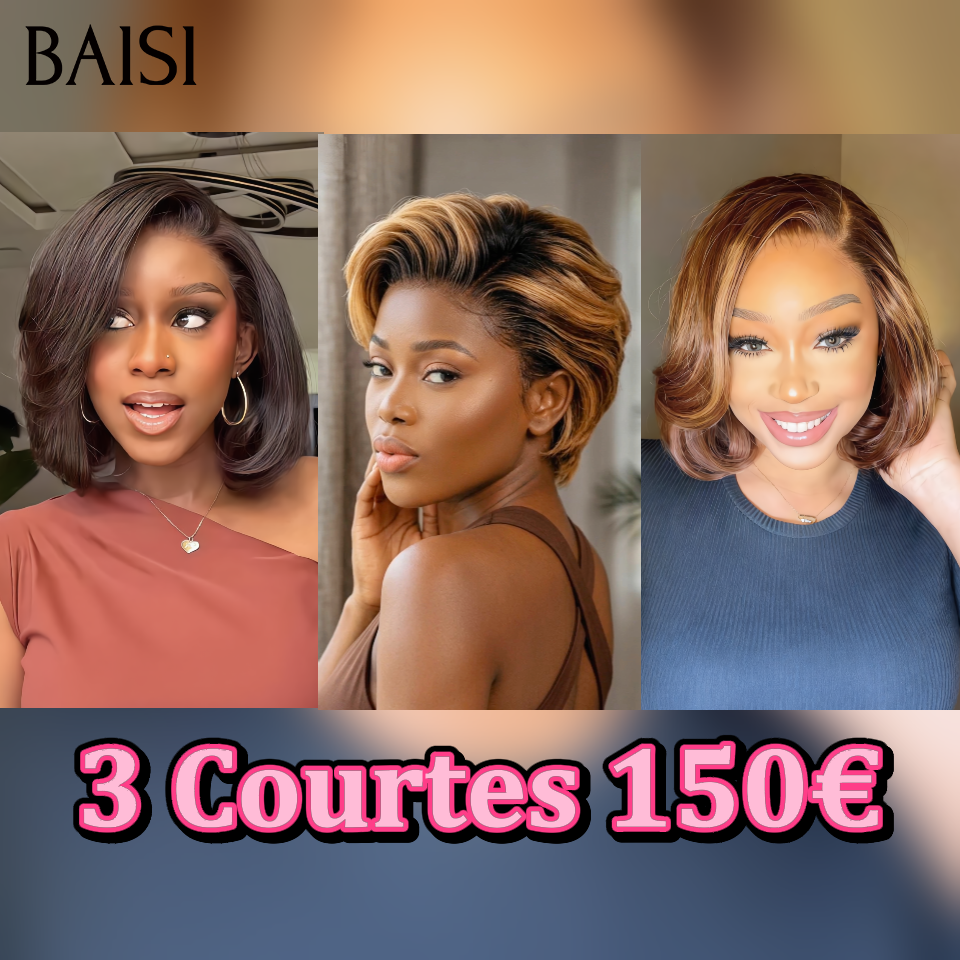 BAISI promo Prix d'usine perruques 3 Courtes 150€ ( Noir + Marron + Mixte 8P ) cheveux humains ou 10 perruques 150€ (3 pièces 32 pouce + 1 pièce 20 pouce + 4 pièces 12 pouce + 2 pièces 10 pouce ) cheveux naturels en soldes blended hair sans retour