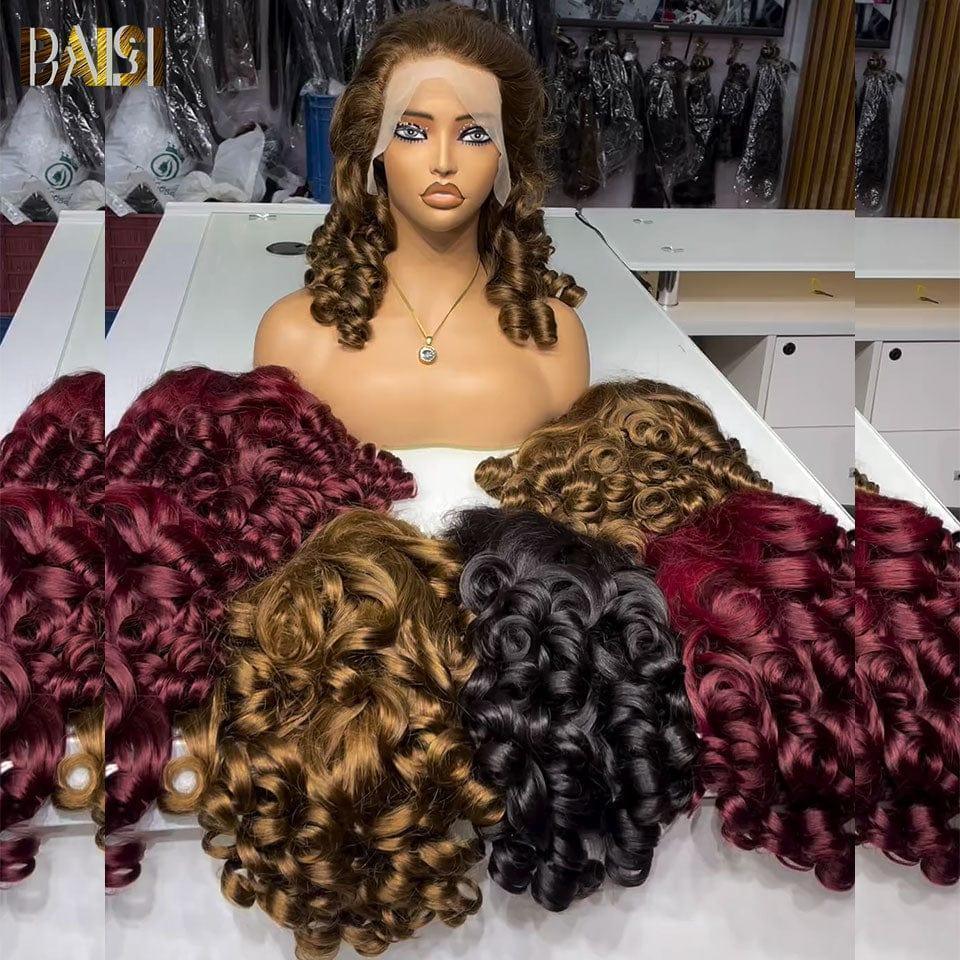 BAISI Compre 2 perucas no mínimo ao preço de fábrica do fornecedor, Peruca 13X4 066C Bouncy Curly, 4 cores, 18 polegadas ou 13X4 lace Bouncy Body Wave, 16 polegadas, misto, 200% densidade, mais de 20 anos de uso em 100% cabelo humano (sem código)