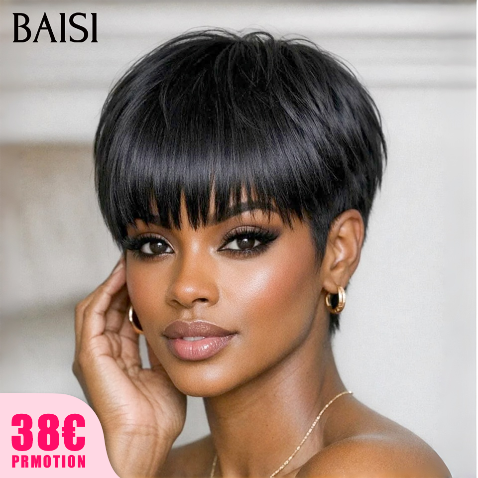 BAISI pixie 42€ en Couleur Marron Mix Miel 4#27# 9047 Pixie Noir #026 petite coupe fabriqué à la machine Sans Colle Sans Lace