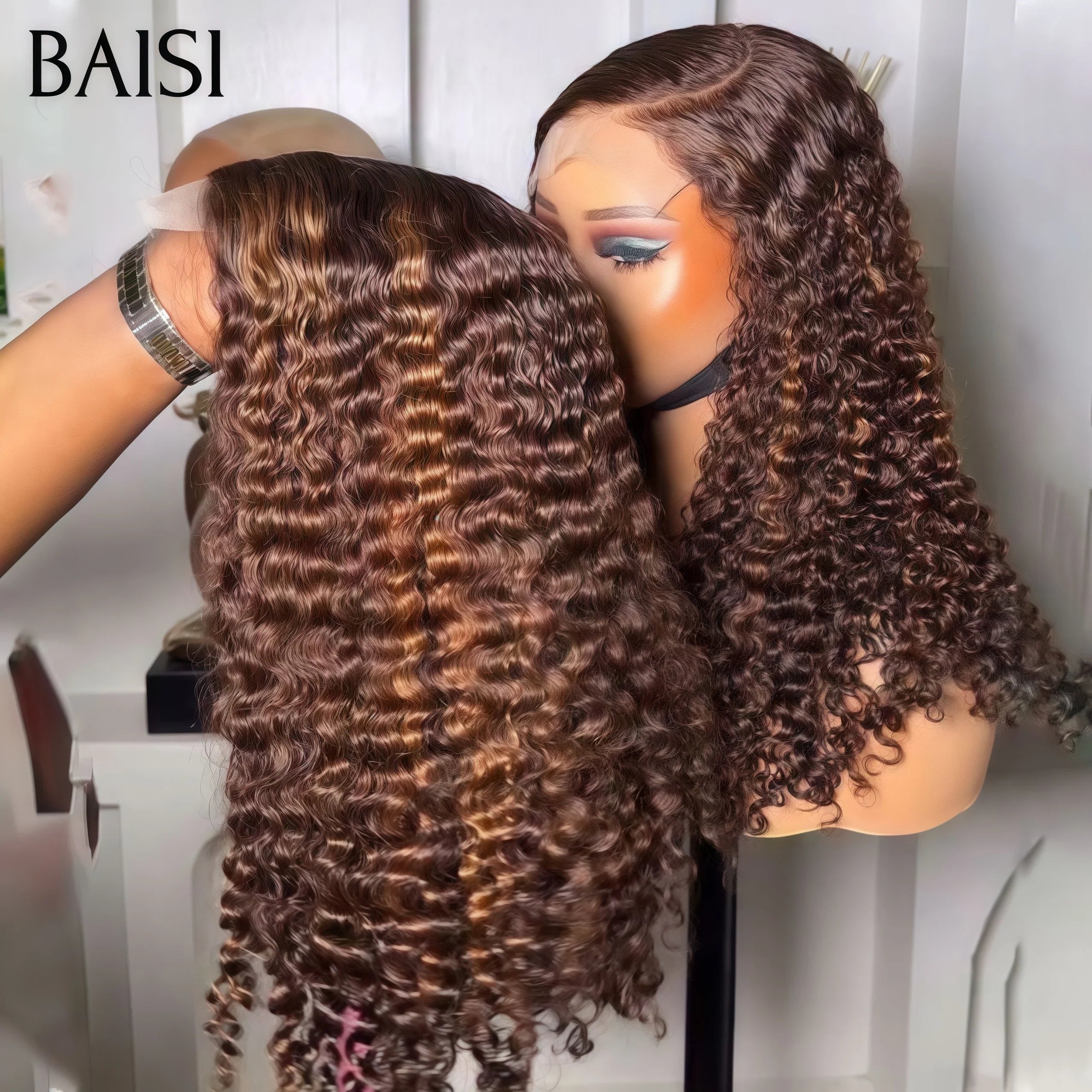 BAISI 5X5 lace Perruque deep Wave Marron Mixte Miel 4/30# DE luxe 300% Densité plus de 20 ans d' utilisations en 100% Cheveux Humains