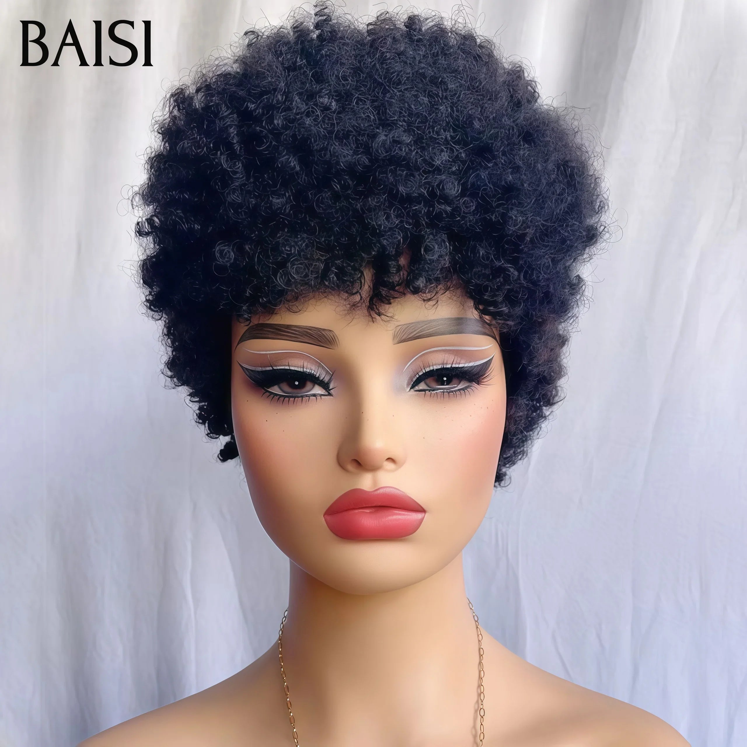 BAISI pixie afro curly 59€ Moitié Prix Nouvelle personnalisation 200% densité noir sans lace en 100% Cheveux Humains fabriqué à la machine MP50