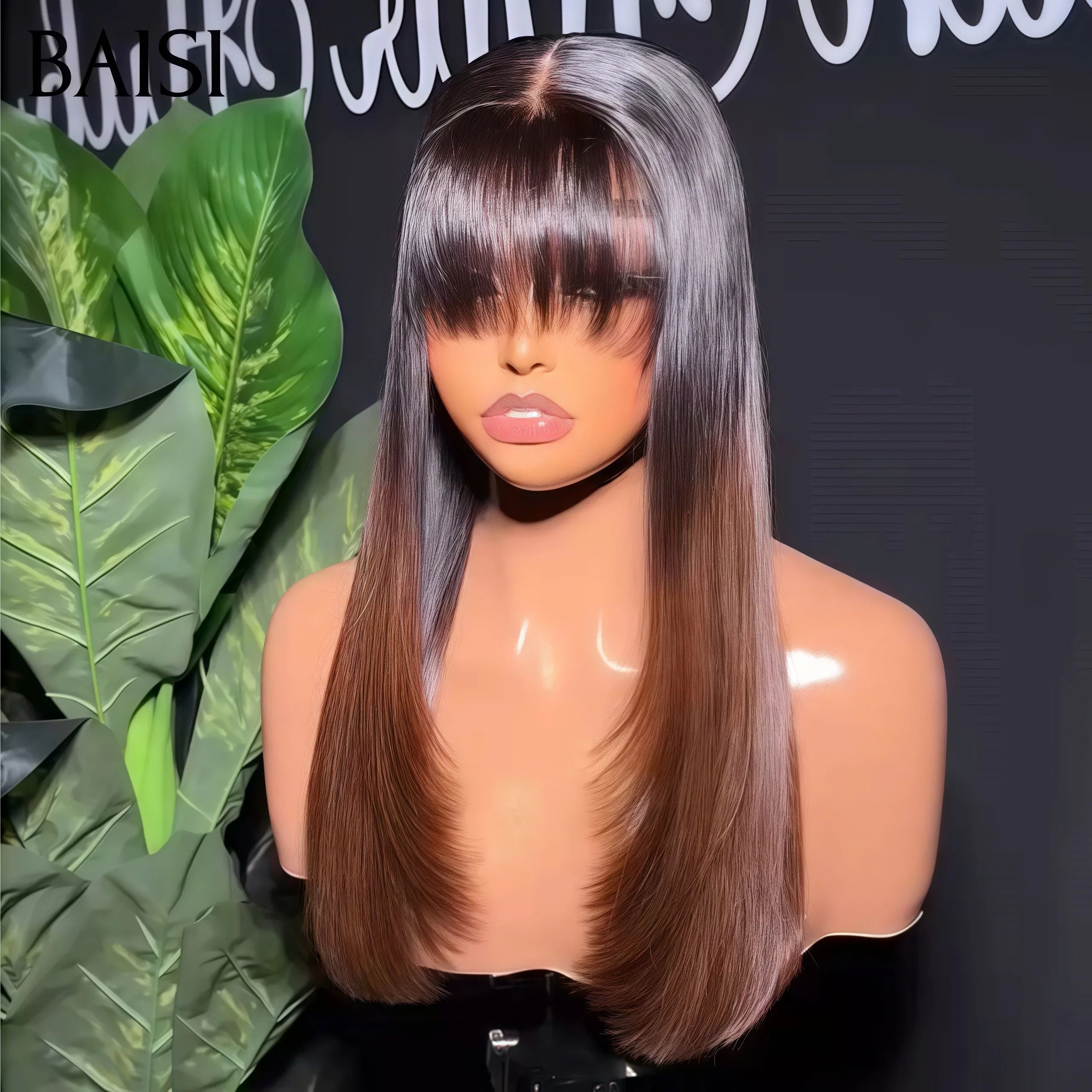 BAISI Perruque SDD bone straight de Luxe Lisse Marron avec racine noir 1B#4 Avec Frange FABRIQUÉ À LA MACHINE en 100% Cheveux Humains