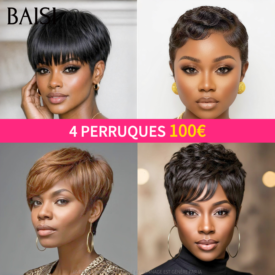 BAISI HAIR FR 4 Perruques Petite Coupe 100€ Changer de Look Tous les Jours en 100% Cheveux Humains