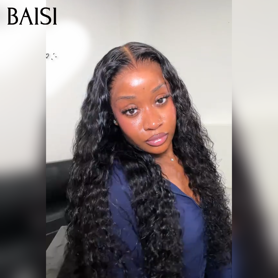 BAISI 13x4 Peruca Bob Deep Wave Preta Sem Cola Lace Já Cortada Fácil de Usar em 100% Cabelo Humano