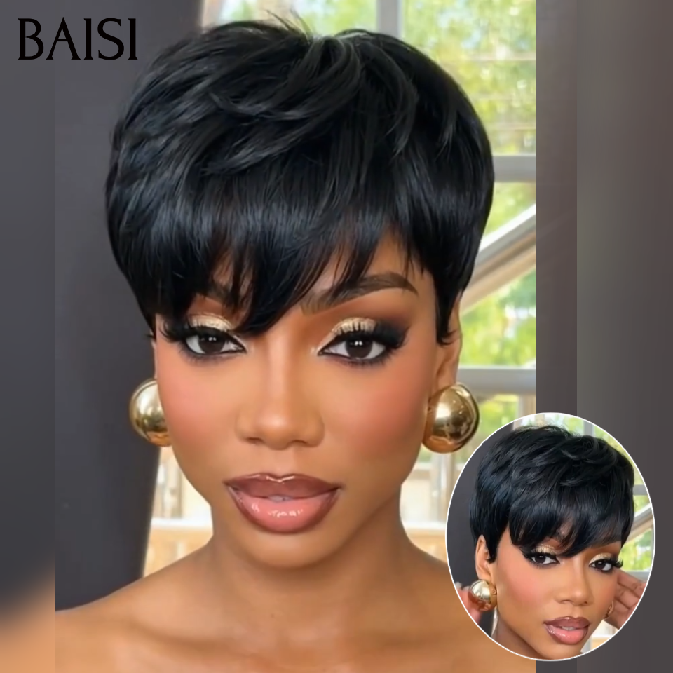 BAISI Perruque Pixie lisse Sans Lace Sans Colle Facile à Porter Pratique pour Sortir en Urgence En 100% Cheveux Humains