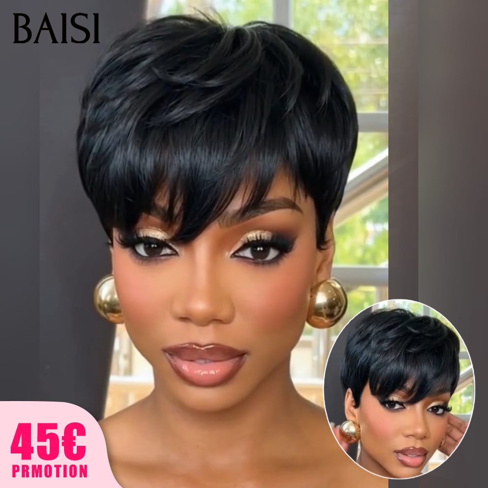 BAISI Perruque Pixie lisse Sans Lace Sans Colle Facile à Porter Pratique pour Sortir en Urgence En 100% Cheveux Humains