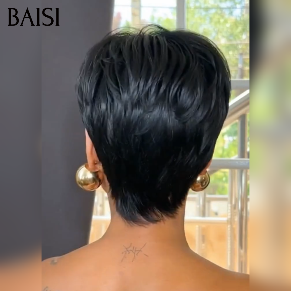 BAISI Perruque Pixie lisse Sans Lace Sans Colle Facile à Porter Pratique pour Sortir en Urgence En 100% Cheveux Humains
