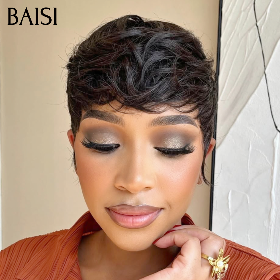 BAISI Perruque BLACK FRIDAY Bas Prix pixie sans lace lisse NOIR PROMO 39€ en 100% cheveux humains