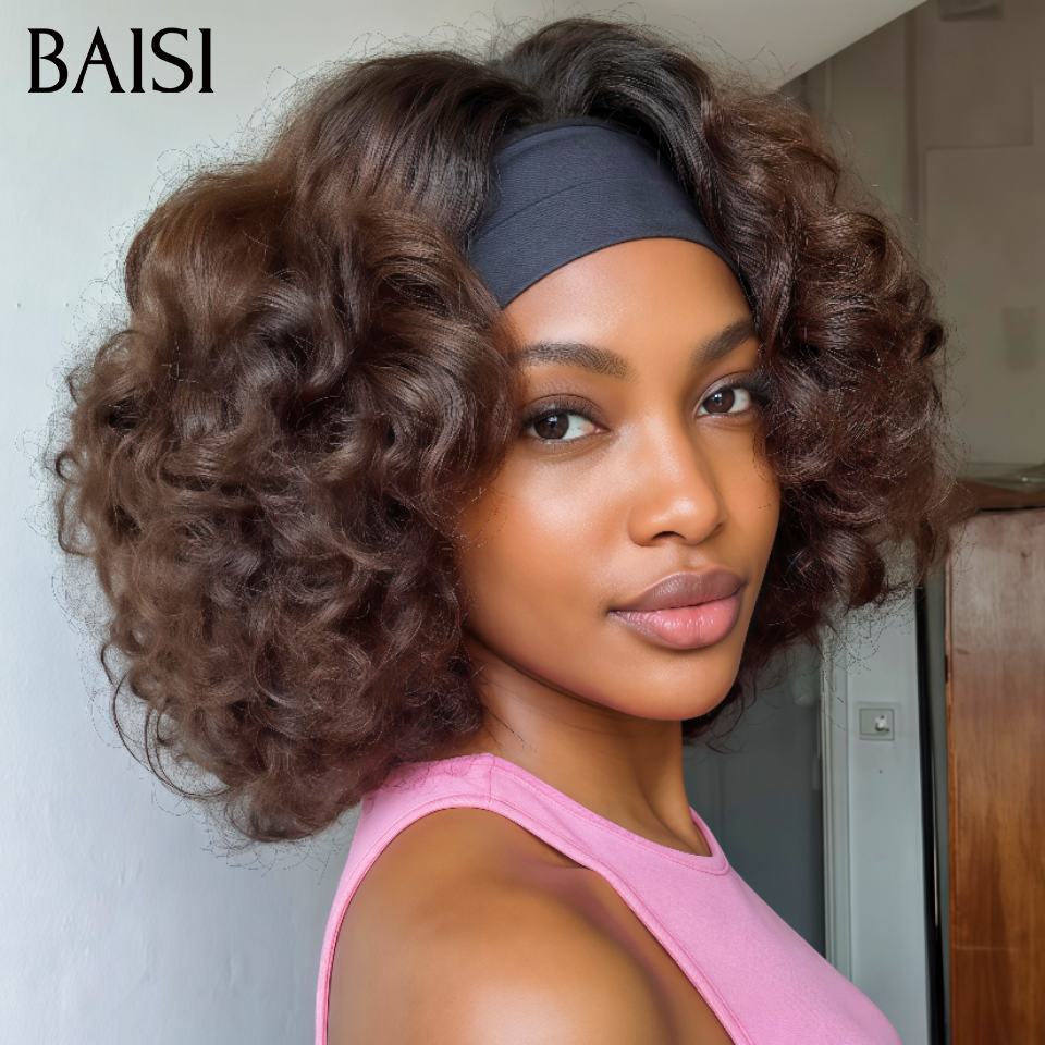 BAISI Perruque Bandeau BOB Egg Wave 12Pouces 139€ Seulement Beaucoup de Volume 250% Couleur Marron Sans Colle Facile à Porter 100% Cheveux Humains