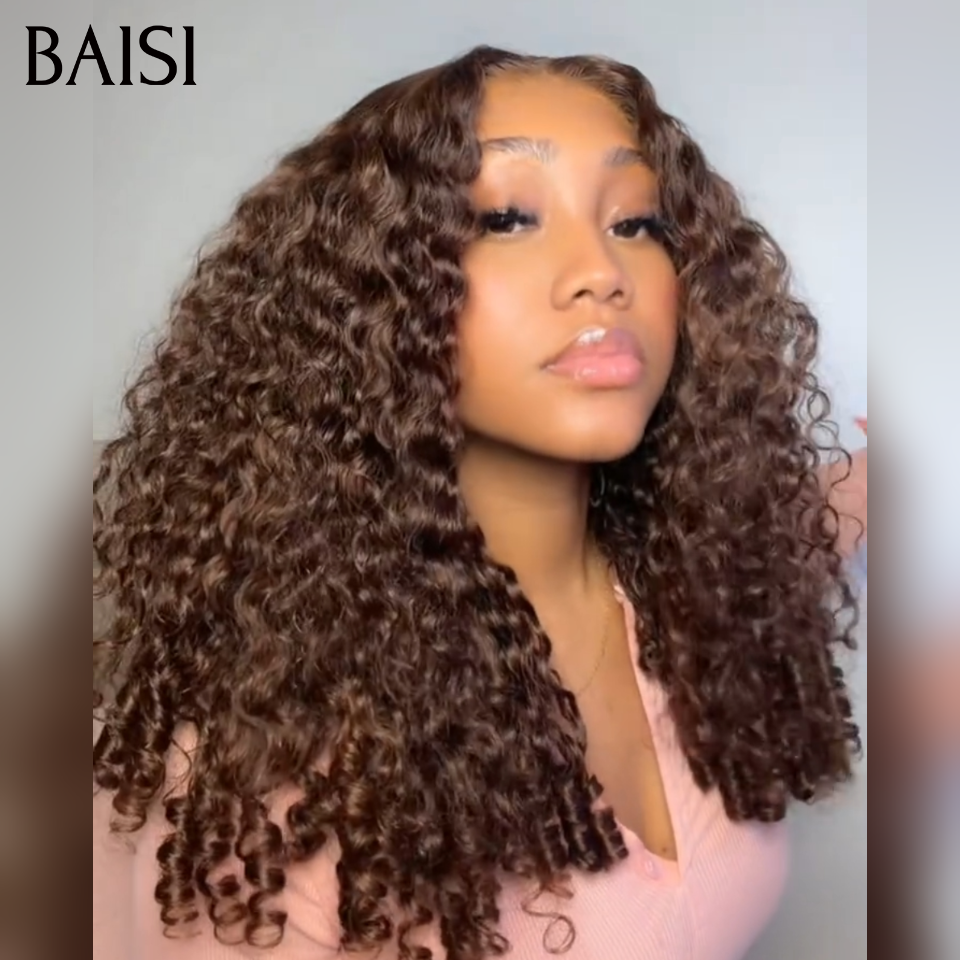 BAISI Perruque Curly Burmese Marron en Lace Frontal 13x4 Sans Colle 22 Pouces 189€ Lace Deja Coupé en 100% Cheveux Humains