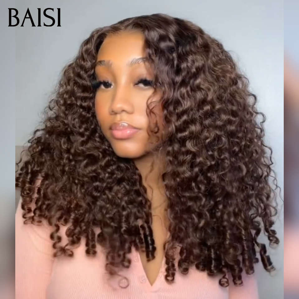 BAISI Perruque Curly Burmese Marron en Lace Frontal 13x4 Sans Colle 22 Pouces 189€ Lace Deja Coupé en 100% Cheveux Humains