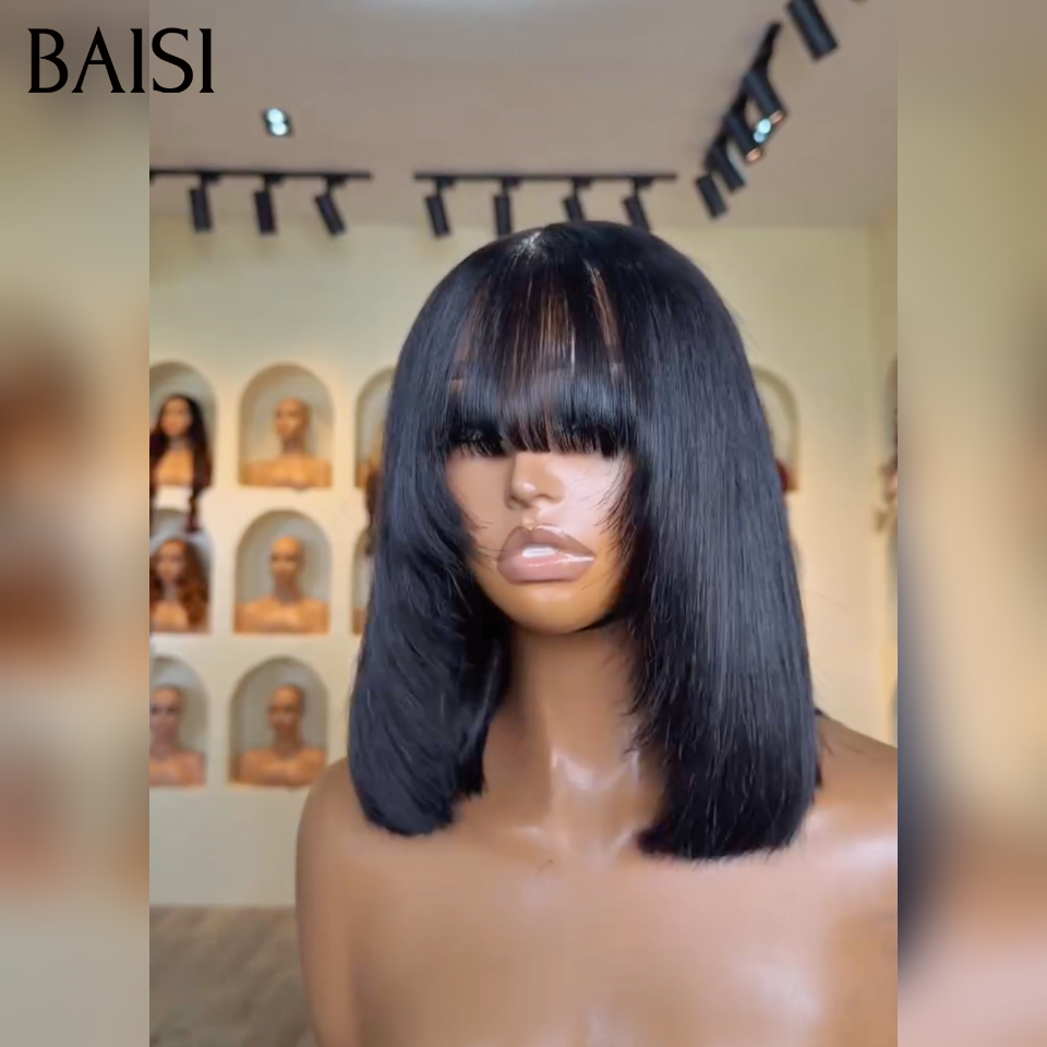 BAISI Perruque BOB Lisse avec Frange 12Pouces 100% Vietnam Hair Couleur Noir Coupe Effilée Pas Besoin de Colle en 100% Cheveux Humains 78€ Seulement Perruque en France Reçu 48H TVA 0€