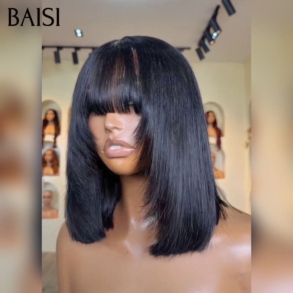 BAISI Perruque BOB Lisse avec Frange 12Pouces 100% Vietnam Hair Couleur Noir Coupe Effilée Pas Besoin de Colle en 100% Cheveux Humains 78€ Seulement Perruque en France Reçu 48H TVA 0€