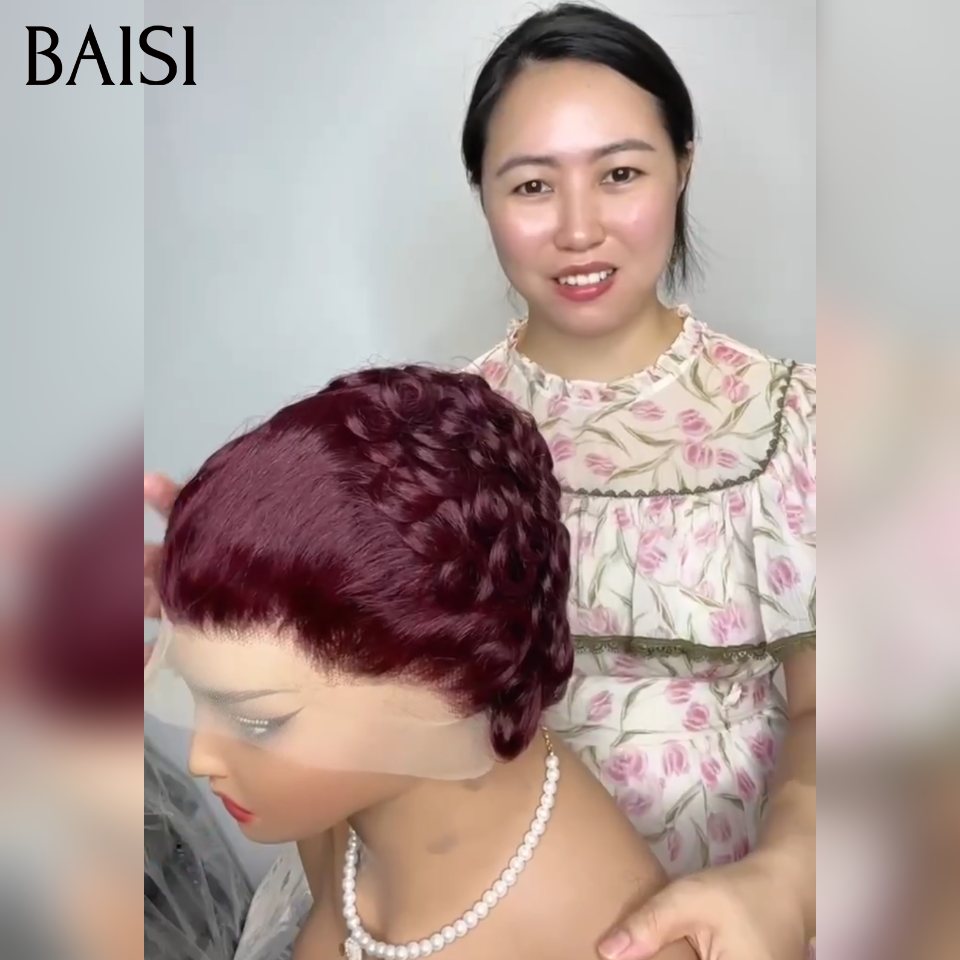 BAISI Pixie Egg wave Couleur Bordeaux #99J ou Noir #1B avec Lace Frontal 13x4 en 100% Cheveux Humains Prix Promotion Stock Limité