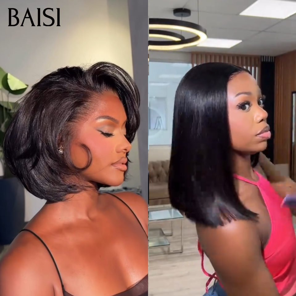 BAISI Lot de 2 Perruques 1 Pixie 8Pouces + 1 Bob 12Pouces Couleur Noir avec Lace Frontale 13x4 100% Cheveux Humains
