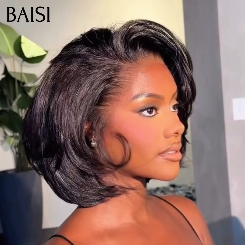 BAISI Lot de 2 Perruques 1 Pixie 8Pouces + 1 Bob 12Pouces Couleur Noir avec Lace Frontale 13x4 100% Cheveux Humains