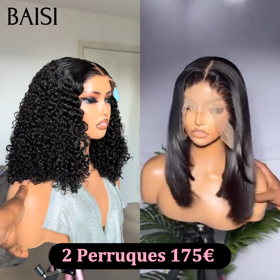 BAISI 2 Perruques Bob Lace frontal 13x4 12pouces lisse + 12pouces curly pour 175€ Seulement Qualité Supérieure 100% vrais cheveux humains