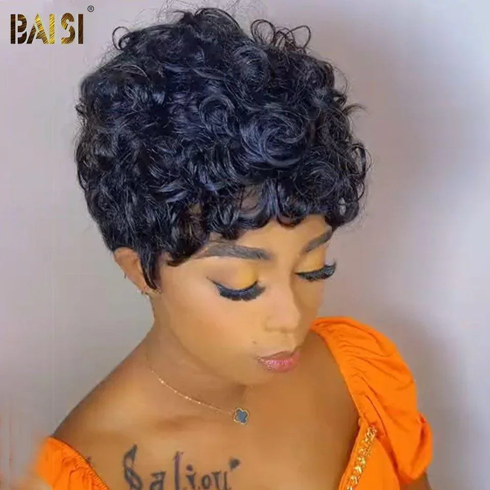 BAISI Perruque Pixie bouclé petite coupe Noir 6 pouces 59€ ou 13X4 pixie Lisse 1B#Mix30# 78€ ou blonde 613# 89€ En 100% Cheveux Humains
