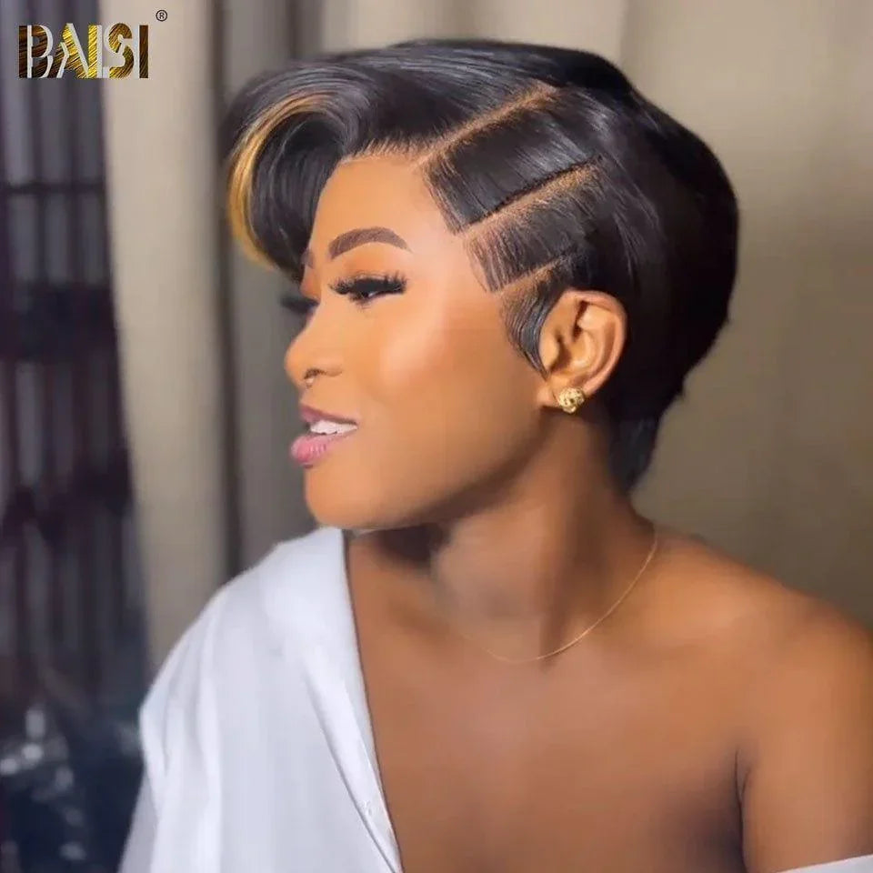 BAISI Peruca Full Lace 100% Cabelo Humano Ondulado Corte Pixie Full Lace ou Frontal, Personalizada, Lisa, Cor Preto/Mel Mesclado 1B#27#