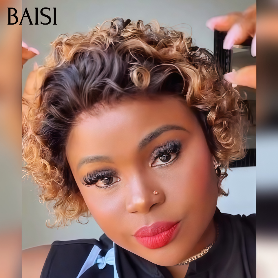 BAISI bouclé Wave con Frangia senza Colla 66€ o 5X5 Parrucca pixie Vague riccia Colore Nero e Miele 1B-27# 95.99€ in 100% Capelli Umani