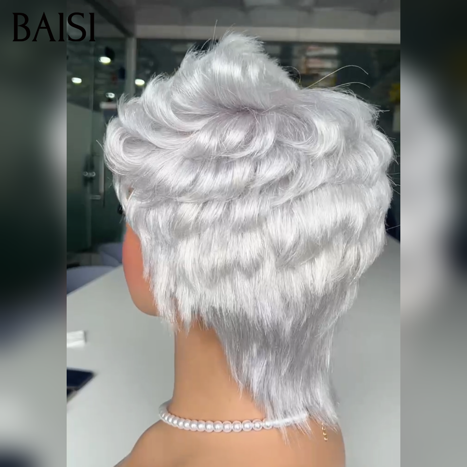 BAISI Perruque Pixie Courte Texture en Vague Nouvelle Tendance Pour les Jeunes 69€ Seulement sans Colle Très facile à Porter en couleur grise 100% cheveux humains