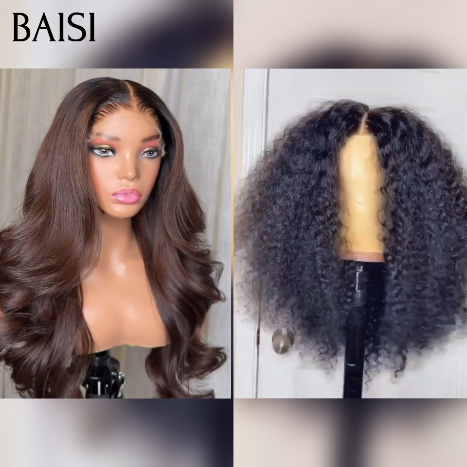 BAISI Lot 2 perruques Lace Frontal 13x4 198€ Pour Revendre 1 Perruque Body Wave Marron 24pouces + 1 Perruque Kinky Curly Noir 20pouces en 100% cheveux humains
